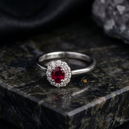 TACHIBANA｜鉑金紅寶石光環鑽石戒指｜Ruby Halo Diamond Ring