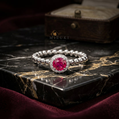 TACHIBANA｜鉑金紅寶石光環彈力珠珠戒｜Ruby Halo Bead Stretch Ring