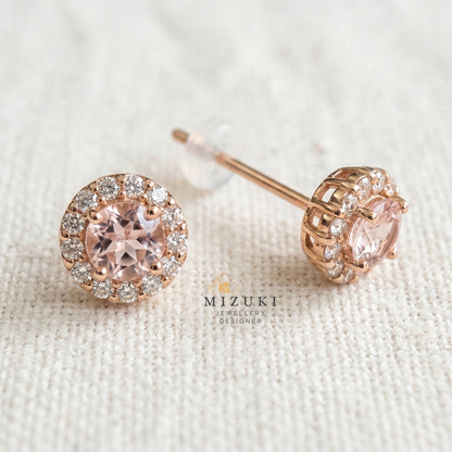 TACHIBANA｜18K玫瑰金摩根石光環鑽石耳釘｜Morganite Halo Diamond Stud Earrings