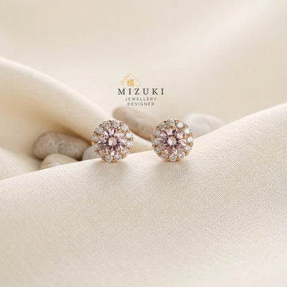 TACHIBANA｜18K玫瑰金摩根石光環鑽石耳釘｜Morganite Halo Diamond Stud Earrings
