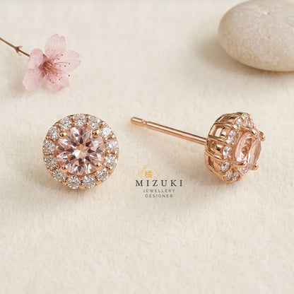 TACHIBANA｜18K玫瑰金摩根石光環鑽石耳釘｜Morganite Halo Diamond Stud Earrings