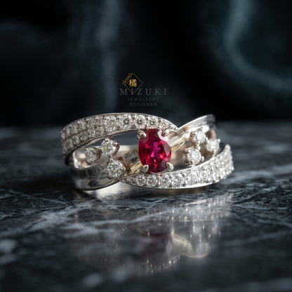 TACHIBANA｜鉑金紅寶石交錯雙層鑽戒｜Ruby Crossover Diamond Ring