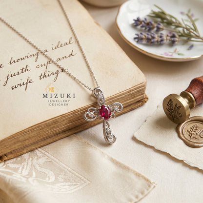 TACHIBANA｜鉑金紅寶石十字項鍊｜Ruby & Diamond Cross Necklace