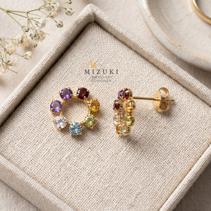 TACHIBANA｜18K金彩寶花圈耳環｜Multi Gemstone Flower Earrings