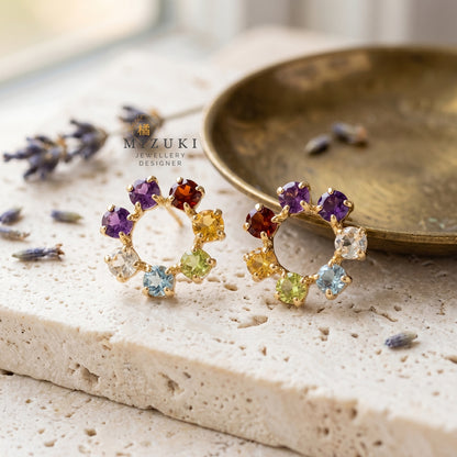 TACHIBANA｜18K金彩寶花圈耳環｜Multi Gemstone Flower Earrings