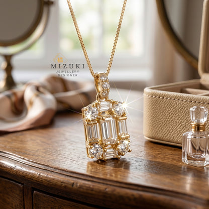 TACHIBANA｜0.40ct 階梯式鑽石項鍊｜Emerald Cut Halo Diamond Necklace｜18K Gold
