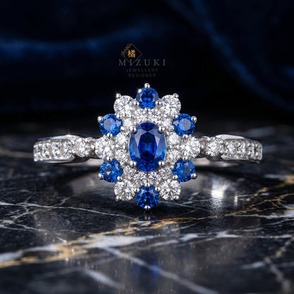 TACHIBANA｜Pt 藍色彩石鑽石戒指｜Blue Gemstone Diamond Flower Ring｜0.25ct Diamond