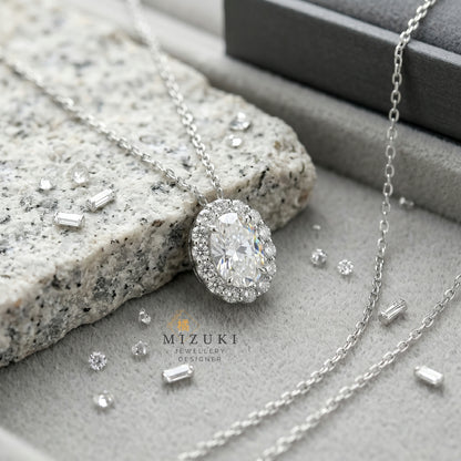 TACHIBANA｜PT950 橢圓鑽石光圈項鍊｜Oval Halo Diamond Necklace