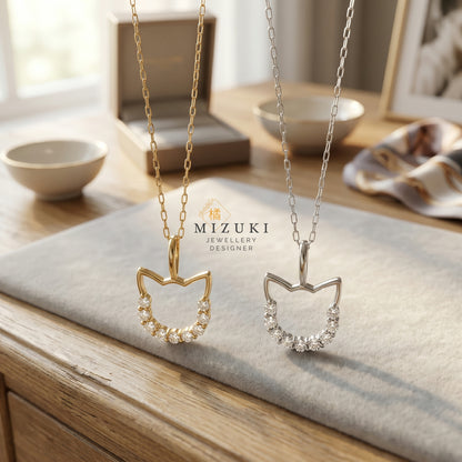 TACHIBANA｜18K 金／PT 鉑金 貓咪鑽石項鍊｜Cat Outline Diamond Necklace｜0.13ct 天然鑽石