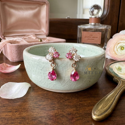 TACHIBANA｜18K玫瑰金粉紅尖晶石垂墜耳環｜18K Rose Gold Pink Spinel Drop Earrings｜Natural Pink Spinel & Diamond