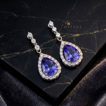 TACHIBANA｜鉑金坦桑石光環耳環｜Platinum Tanzanite Halo Earrings｜Natural Tanzanite & Diamond