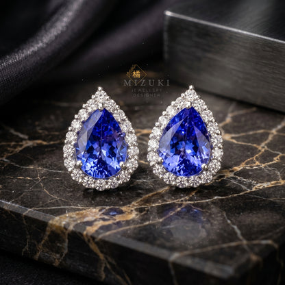 TACHIBANA｜鉑金坦桑石光環耳環｜Platinum Tanzanite Halo Stud Earrings