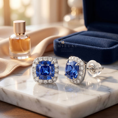 TACHIBANA｜鉑金矢車菊藍藍寶石光環耳環｜Platinum Cornflower Blue Sapphire Halo Earrings
