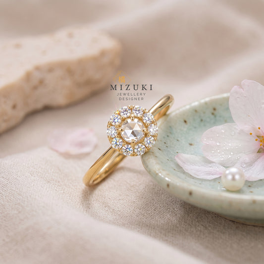 TACHIBANA｜18K 金天然鑽石 Halo 戒指 0.09ct｜花朵光環鑲嵌戒指