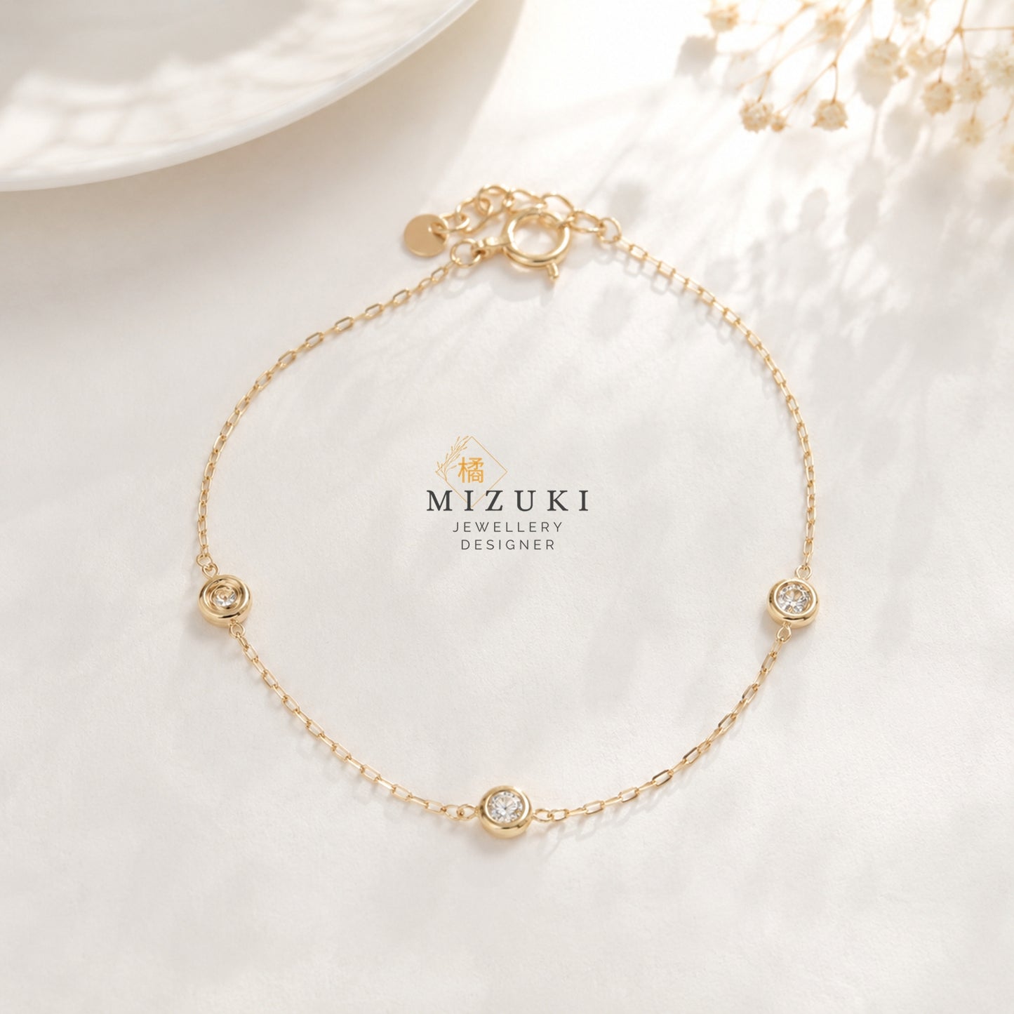 TACHIBANA｜18K 黃金 0.23ct 三鑽天然鑽石手鏈｜Three Diamond Station Bracelet