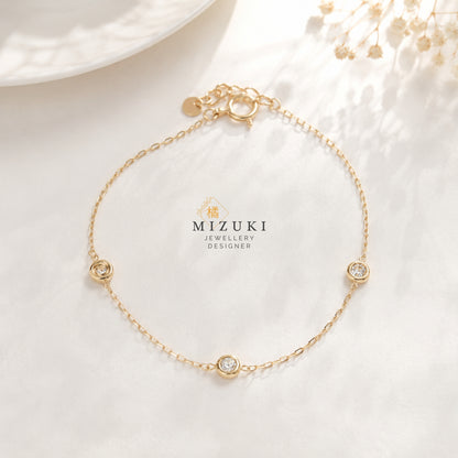 TACHIBANA｜18K 黃金 0.23ct 三鑽天然鑽石手鏈｜Three Diamond Station Bracelet