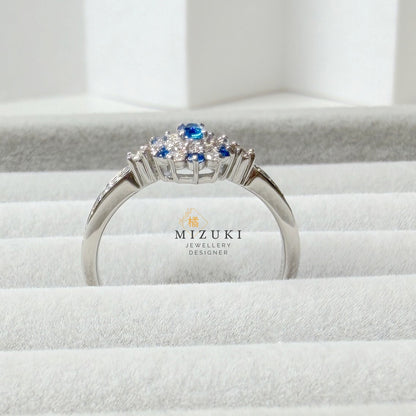 TACHIBANA｜Pt 藍色彩石鑽石戒指｜Blue Gemstone Diamond Flower Ring｜0.25ct Diamond
