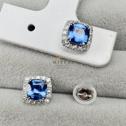 TACHIBANA｜鉑金矢車菊藍藍寶石光環耳環｜Platinum Cornflower Blue Sapphire Halo Earrings