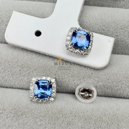 TACHIBANA｜鉑金矢車菊藍藍寶石光環耳環｜Platinum Cornflower Blue Sapphire Halo Earrings