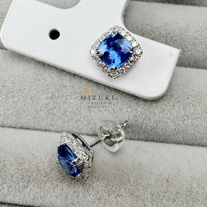 TACHIBANA｜鉑金矢車菊藍藍寶石光環耳環｜Platinum Cornflower Blue Sapphire Halo Earrings