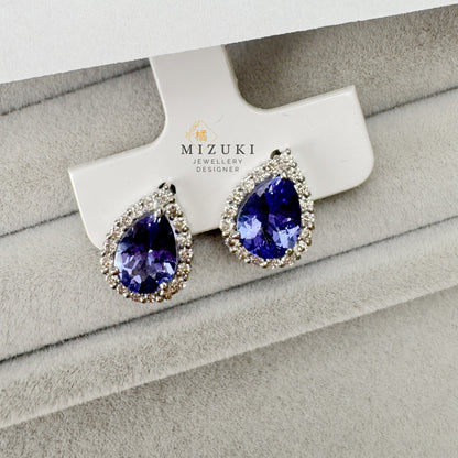 TACHIBANA｜鉑金坦桑石光環耳環｜Platinum Tanzanite Halo Stud Earrings