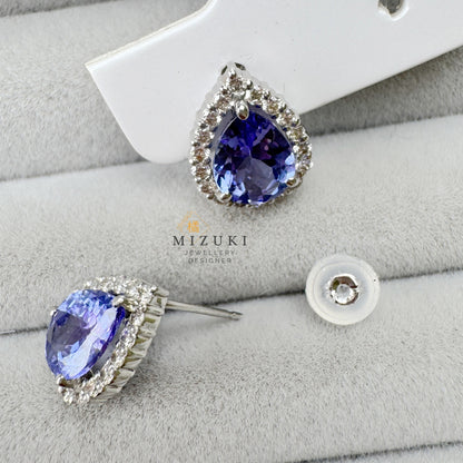 TACHIBANA｜鉑金坦桑石光環耳環｜Platinum Tanzanite Halo Stud Earrings