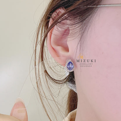TACHIBANA｜鉑金坦桑石光環耳環｜Platinum Tanzanite Halo Stud Earrings
