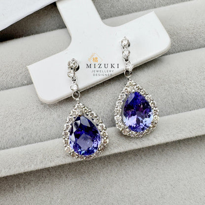TACHIBANA｜鉑金坦桑石光環耳環｜Platinum Tanzanite Halo Earrings｜Natural Tanzanite & Diamond