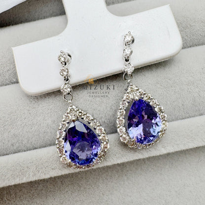 TACHIBANA｜鉑金坦桑石光環耳環｜Platinum Tanzanite Halo Earrings｜Natural Tanzanite & Diamond