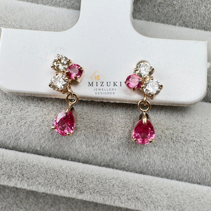 TACHIBANA｜18K玫瑰金粉紅尖晶石垂墜耳環｜18K Rose Gold Pink Spinel Drop Earrings｜Natural Pink Spinel & Diamond