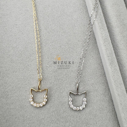 TACHIBANA｜18K 金／PT 鉑金 貓咪鑽石項鍊｜Cat Outline Diamond Necklace｜0.13ct 天然鑽石