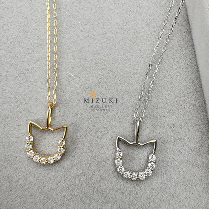 TACHIBANA｜18K 金／PT 鉑金 貓咪鑽石項鍊｜Cat Outline Diamond Necklace｜0.13ct 天然鑽石