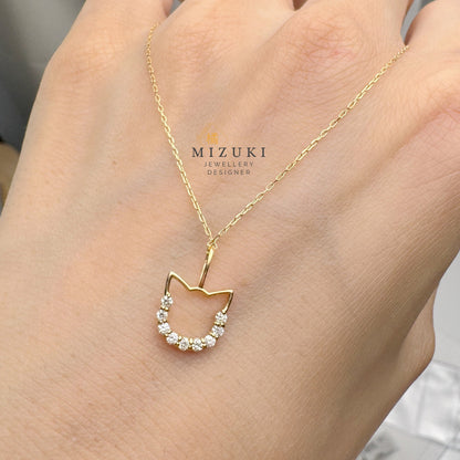 TACHIBANA｜18K 金／PT 鉑金 貓咪鑽石項鍊｜Cat Outline Diamond Necklace｜0.13ct 天然鑽石