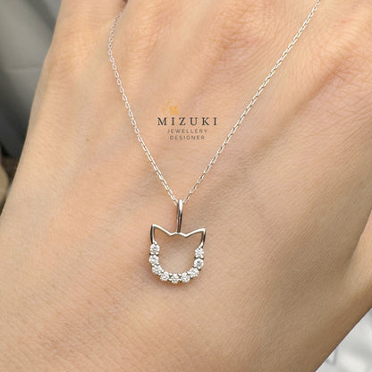 TACHIBANA｜18K 金／PT 鉑金 貓咪鑽石項鍊｜Cat Outline Diamond Necklace｜0.13ct 天然鑽石
