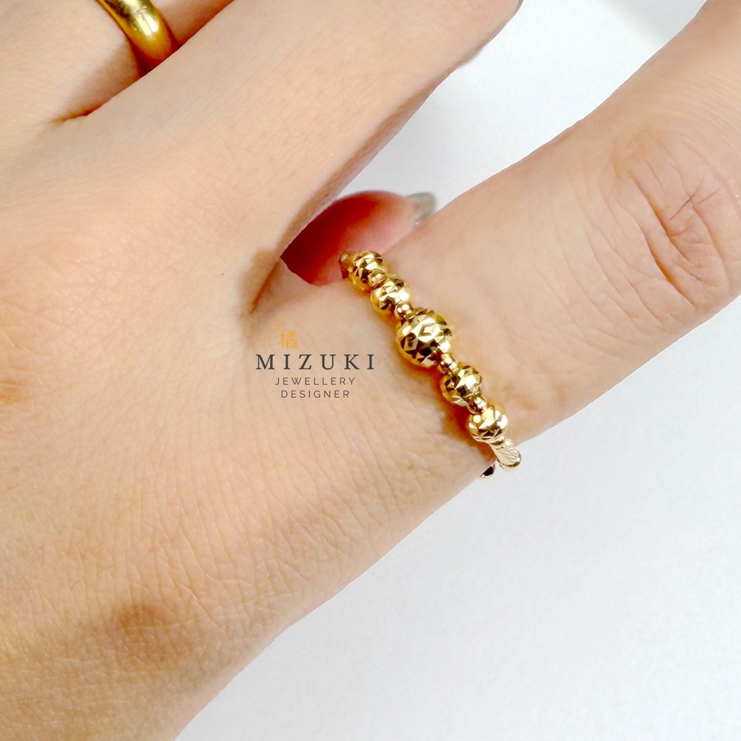 TACHIBANA｜18K 黃金線韻珠飾活口彈力記憶戒指 Free Ring｜K18 Linear Bead Ring