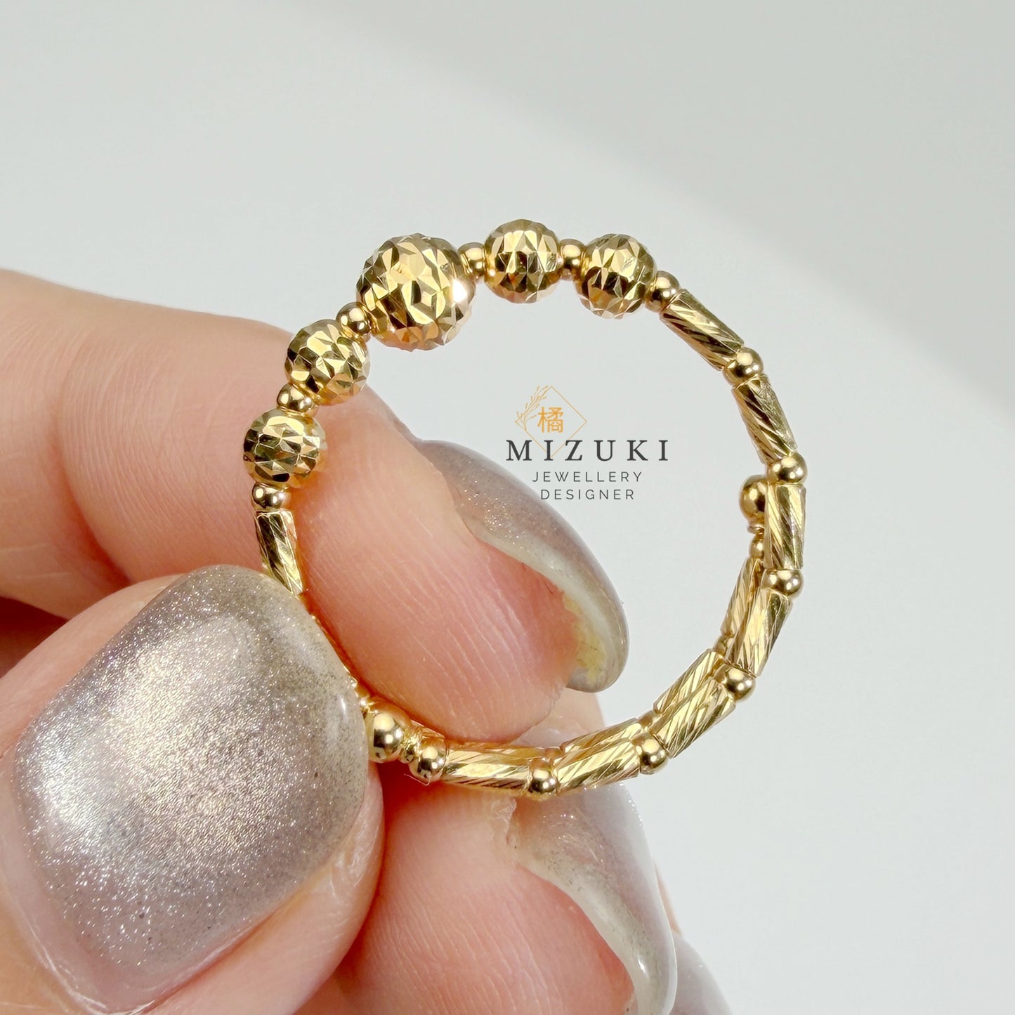 TACHIBANA｜18K 黃金線韻珠飾活口彈力記憶戒指 Free Ring｜K18 Linear Bead Ring