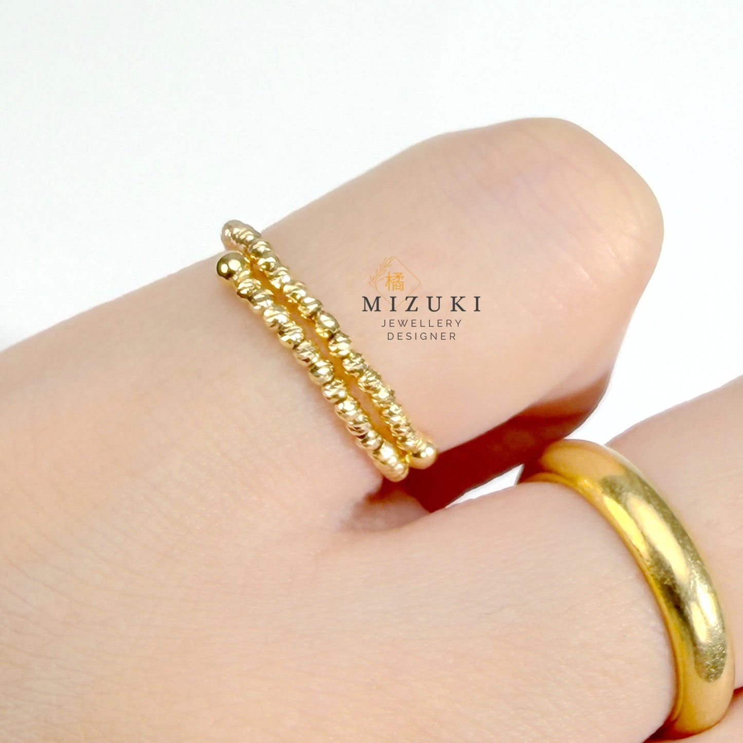 TACHIBANA｜18K 黃金雙圈珠飾記憶彈力戒指 Free Ring｜K18 Double Layer Bead Free Ring