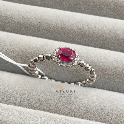 TACHIBANA｜鉑金紅寶石光環彈力珠珠戒｜Ruby Halo Bead Stretch Ring