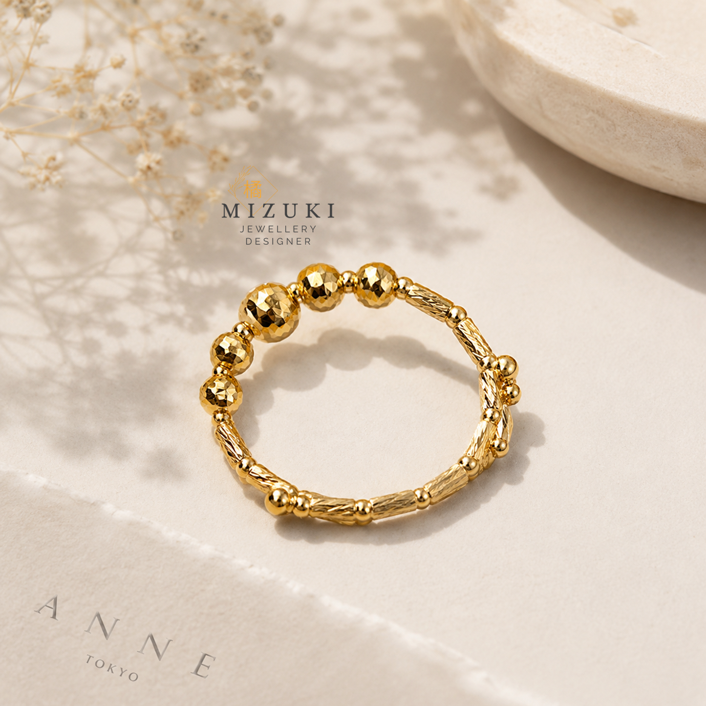 TACHIBANA｜18K 黃金線韻珠飾活口彈力記憶戒指 Free Ring｜K18 Linear Bead Ring