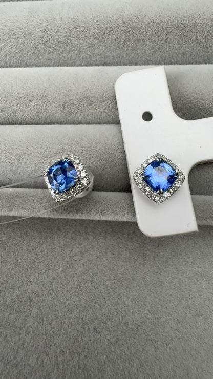 TACHIBANA｜鉑金矢車菊藍藍寶石光環耳環｜Platinum Cornflower Blue Sapphire Halo Earrings