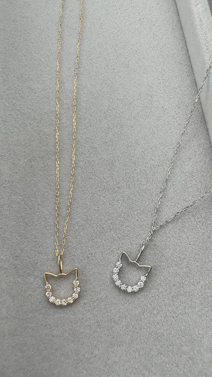 TACHIBANA｜18K 金／PT 鉑金 貓咪鑽石項鍊｜Cat Outline Diamond Necklace｜0.13ct 天然鑽石