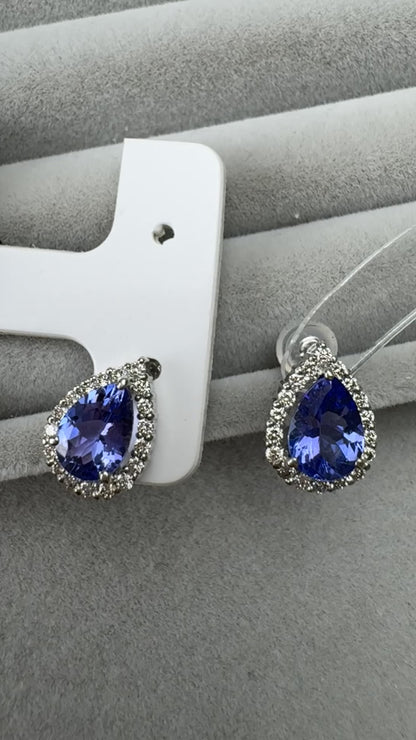 TACHIBANA｜鉑金坦桑石光環耳環｜Platinum Tanzanite Halo Stud Earrings