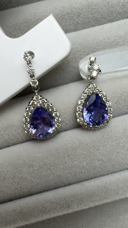 TACHIBANA｜鉑金坦桑石光環耳環｜Platinum Tanzanite Halo Earrings｜Natural Tanzanite & Diamond